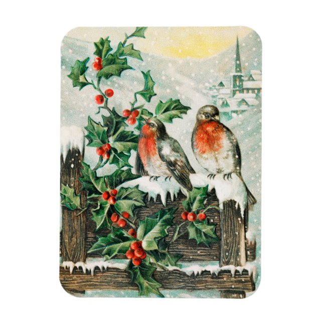Imán Vintage Christmas Card with Robins, Holly, Church (Vertical)