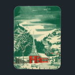 Imán Vintage Christmas Church, Snowscape in Winter<br><div class="desc">Navidades de ilustracion de época celebran un diseño religioso con una pintoresca capilla en un bonito pueblo de montaña. Un paisaje natural invernal con montañas,  árboles y nieve. El original es un cuadro acuático de arte rojo y verde.</div>