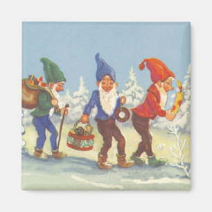 Imán Vintage Christmas, Elves in the Snow Forest Winter