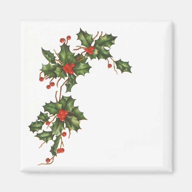 Imán Vintage Christmas, Holly Plant with Red Berries (Frente)