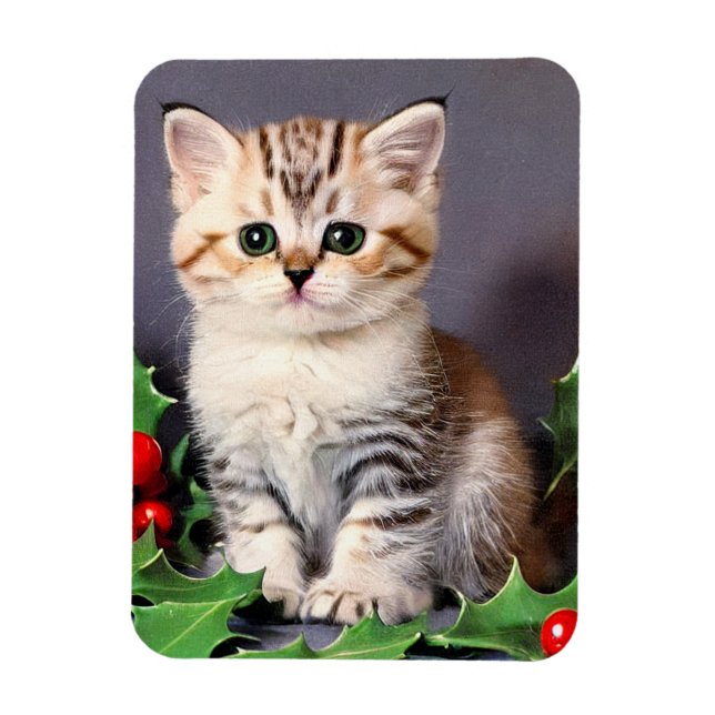 Imán Vintage Christmas Kitten and Holly (Vertical)