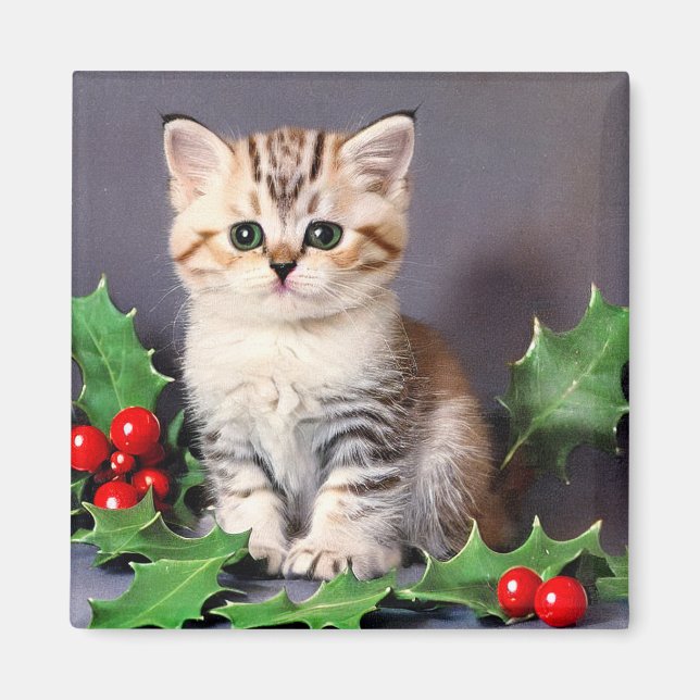 Imán Vintage Christmas Kitten and Holly (Frente)