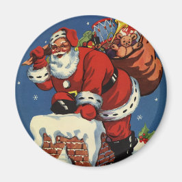 Imán Vintage Christmas, Santa Claus Down Chimney w Toys