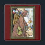 Imán Vintage Christmas, Santa Claus Toys Clogs Shoes<br><div class="desc">Ilustracion de época de estilo victoriano Feliz Navidad Santa Claus imagen de San Nicolás vestido con un abrigo marrón sujetando a un naranja en un zapato de taquilla de madera. Lleva un saco lleno de juguetes y una bandera francesa en la espalda. Hay más zapatos con juguetes, caramelos y naranjas...</div>