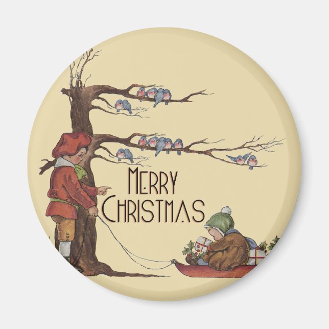 Imán Vintage Christmas Sledding (Frente)
