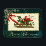 Imán Vintage Christmas Sleigh, Mistletoe Snowflakes<br><div class="desc">El trineo navideño vintage,  el mistletoe y los copos de nieve sobre el fondo verde hacen de esto un Navidad perfecto o tarjeta de saludo de vacaciones para amigos y familia.</div>