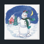 Imán Vintage Christmas Snowman Waving<br><div class="desc">Imagen de vacaciones de Navidades de ilustracion de época que muestra a un muñeco de nieve por la noche.</div>