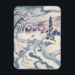 Imán Vintage Christmas, Snowscape con Winter Village<br><div class="desc">Ilustracion Vintage Victorian Era Feliz Navidad navideña diseño de temporada de invierno con un pueblo nevado. Un río helado recorre el bosque,  los árboles están cubiertos de nieve y el hielo y las montañas están a lo lejos. ¡Felices fiestas y saludos de temporada!</div>