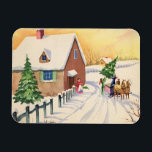 Imán Vintage Christmas Tree on a Snowley Winter Road<br><div class="desc">Ilustracion Vintage Diseño navideño de Feliz Navidad con una carretera cubierta de nieve durante la temporada invernal. Una familia está trayendo a casa un pino recién cortado o un árbol navideño de abetos en un trineo tirado por un caballo.</div>