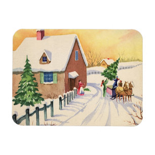 Imán Vintage Christmas Tree on a Snowley Winter Road