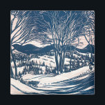 Imán Vintage Christmas, Winter Snow Mountain Paisaje<br><div class="desc">Ilustracion de época Victorian Era Merry diseño navideño con un paisaje nevado de invierno. Árboles y montañas cubiertas de nieve con un pueblo a lo lejos al amanecer. ¡Felices fiestas y saludos de temporada!</div>
