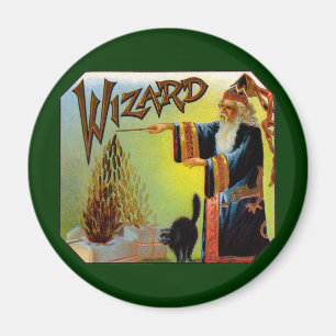 Imán Vintage Cigar Label Art, Wizard with Black Cat