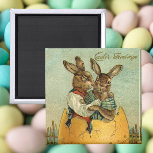 Imán Vintage conejillos victorianos de Pascua con huevo