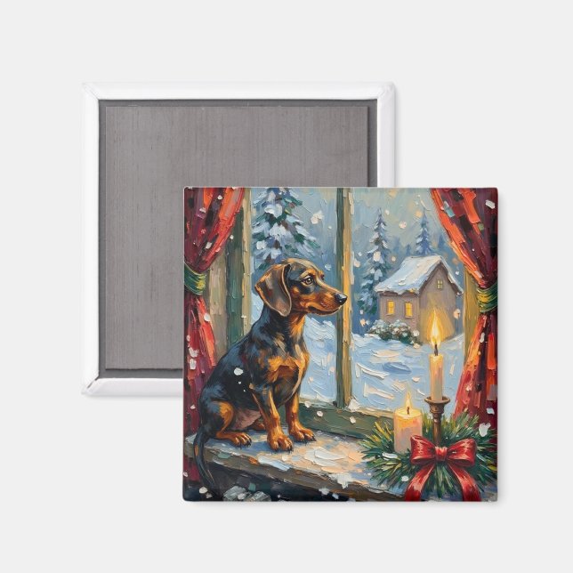 Imán Vintage Dachshund by Cozy Christmas Window (Anverso/Reverso)