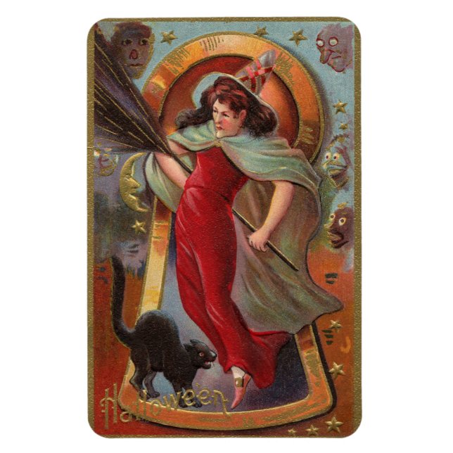Imán Vintage de Halloween Red Witch & Black Cat (Vertical)