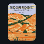 Imán Vintage del Parque Nacional Theodore Roosevelt<br><div class="desc">Diseño artístico vectorial Theodore Roosevelt. El parque es un parque nacional estadounidense que comprende tres zonas de tierras bajas separadas geográficamente en el oeste de Dakota del Norte.</div>