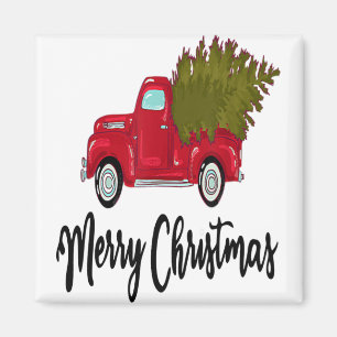 Imán Vintage Feliz Navidad Camión Rojo Con Un Árbol