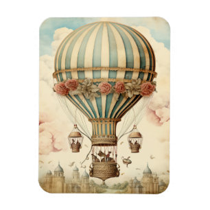 Imán Vintage Floral Blue Stripe Hot Air Balloon