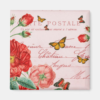 Imán vintage floral francés con flor roja