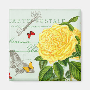 Imán vintage floral francés con rosa amarilla
