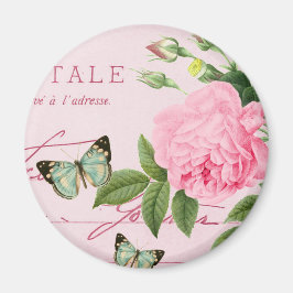 Imán vintage floral francés giratorio con rosa ros