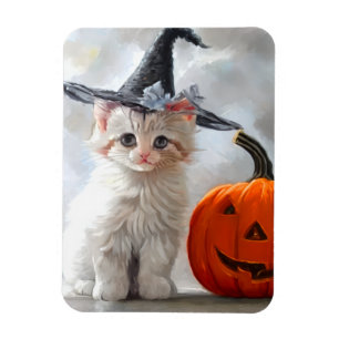 Imán Vintage Halloween White Kitten y Jack-o'-lantern