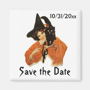 Imán Vintage Halloween Witch and Cat, Save the Date!