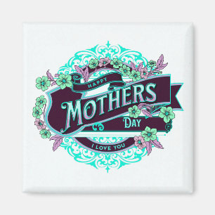 Imán Vintage Happy Mother's Day Green Purple Floral