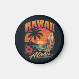 Imán Vintage Hawaiian Sunset Palms Surfboard Aloha