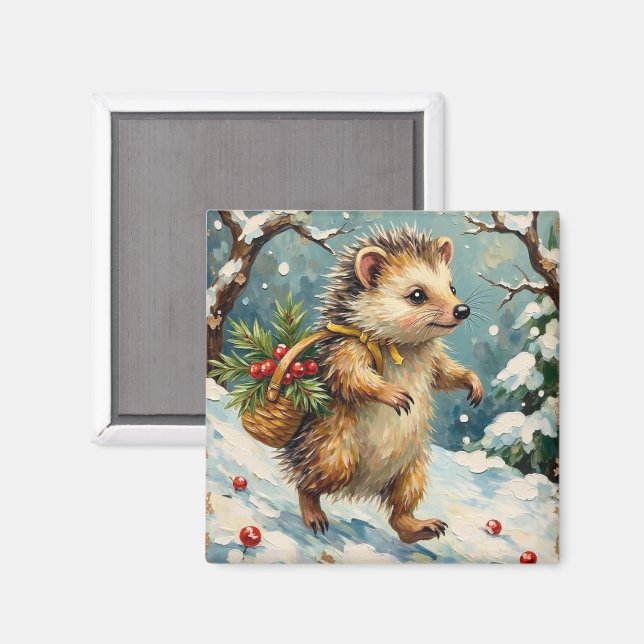 Imán Vintage Hedgehog with Christmas Berry Basket (Anverso/Reverso)