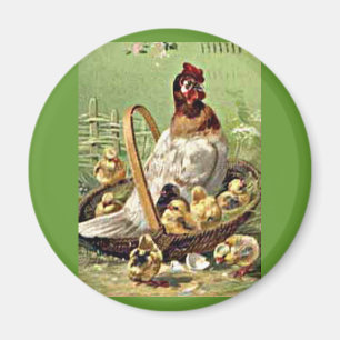 Imán Vintage Hen y Chicks de Pascua en la canasta