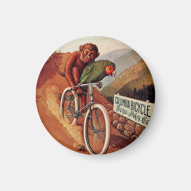 Imán Vintage Humorístico Monkey Parrot Bicicleta Pin (Frente)