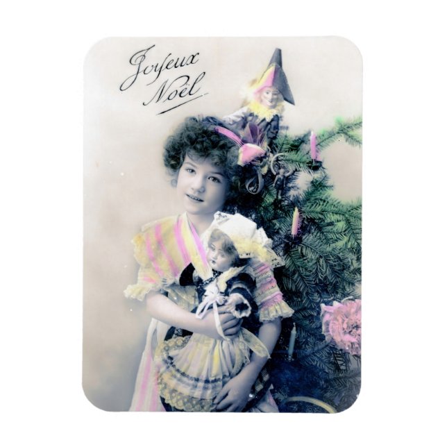 Imán Vintage Joyeux Noël con Chica y muñeca (Vertical)