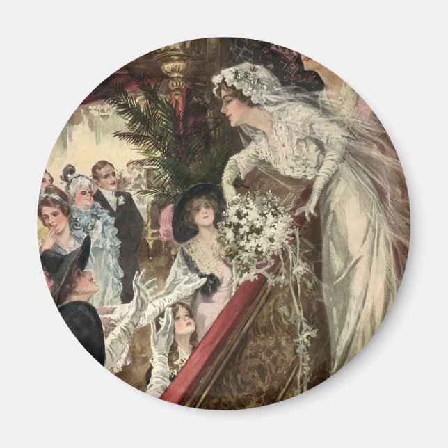 Imán Vintage Newlyweds, Victoriano Bride Tossing Bouque (Frente)