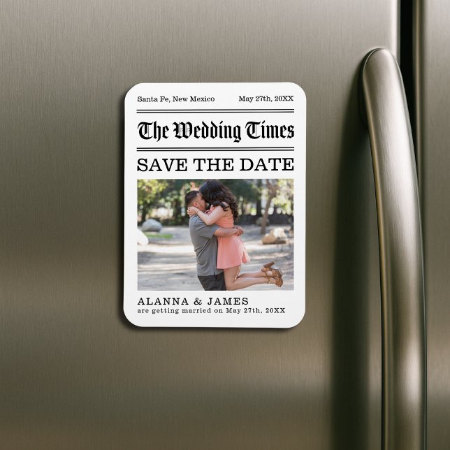 Imán Vintage Newspaper Photo Save the Date (“The Wedding Times” newspaper-style Save the Date magnet featuring a romantic engagement photo.)