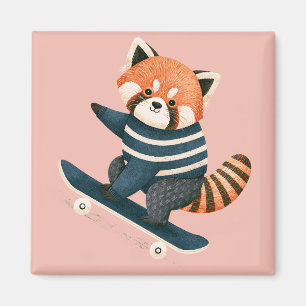 Imán Vintage Panda Rojo Lindo Mapache Patinando
