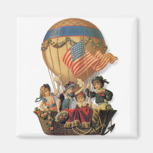 Imán Vintage Patriótico, Niños en un Globo Aerostático