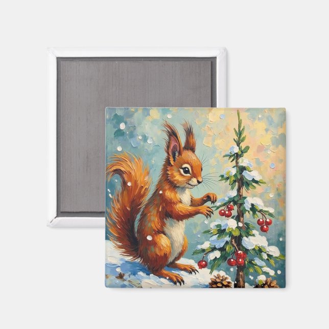 Imán Vintage Red Squirrel Pine Tree Christmas (Anverso/Reverso)