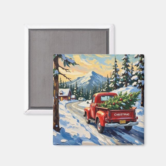 Imán Vintage Red Truck Carrying Christmas Tree (Anverso/Reverso)