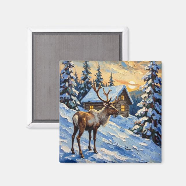 Imán Vintage Reindeer by Snowy Cabin Christmas Painting (Anverso/Reverso)