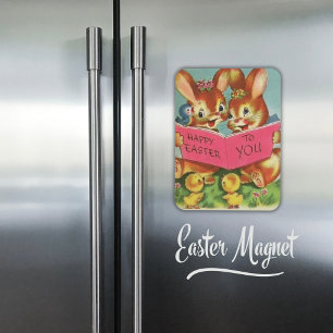 Imán Vintage Retro Feliz Conejo de Pascua y Chicas