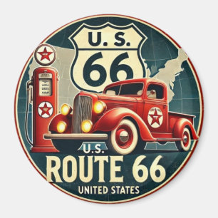 Imán Vintage Route 66 Metal Tin Sign, classic retro car