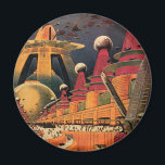 Imán Vintage Science Ficción Futurista City Volador Aut<br><div class="desc">Imagen de ficción de ilustracion de viajes y transporte con historietas clásicas retro de ciencia ficción en un entorno urbano con una ciudad del futuro. Los edificios arquitectónicos tienen forma de conos y los vehículos vuelan en el cielo como pájaros mientras las multitudes se mueven a través de la metrópolis....</div>