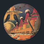 Imán Vintage Science Ficción Futurista City Volador Aut<br><div class="desc">Imagen de ficción de ilustracion de viajes y transporte con historietas clásicas retro de ciencia ficción en un entorno urbano con una ciudad del futuro. Los edificios arquitectónicos tienen forma de conos y los vehículos vuelan en el cielo como pájaros mientras las multitudes se mueven a través de la metrópolis....</div>