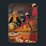 Imán Vintage Science Ficción Futurista City Volador Aut<br><div class="desc">Imagen de ficción de ilustracion de viajes y transporte con historietas clásicas retro de ciencia ficción en un entorno urbano con una ciudad del futuro. Los edificios arquitectónicos tienen forma de conos y los vehículos vuelan en el cielo como pájaros mientras las multitudes se mueven a través de la metrópolis....</div>