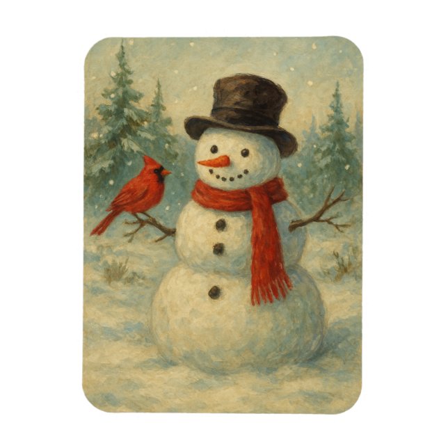 Imán Vintage Snowman and Red Bird Christmas  (Vertical)