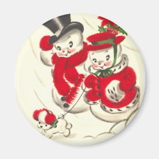 Imán Vintage Snowman y Snowwoman Round Magnet