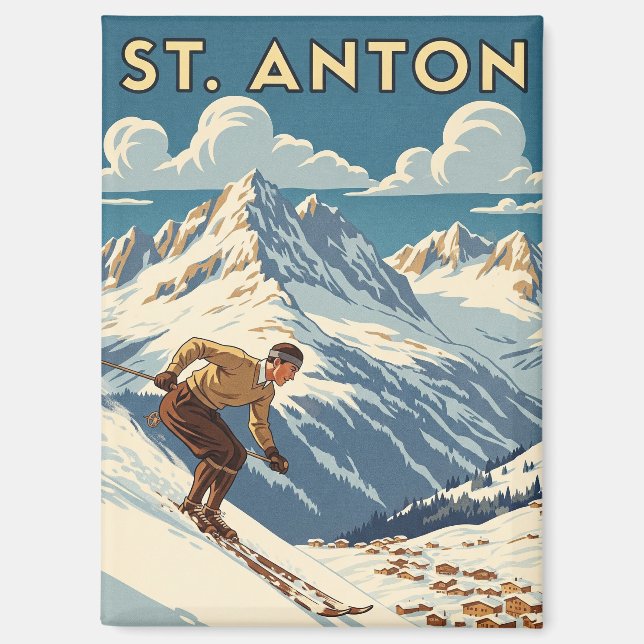 Imán Vintage St. Anton Austria Skier Skiing (Anverso)