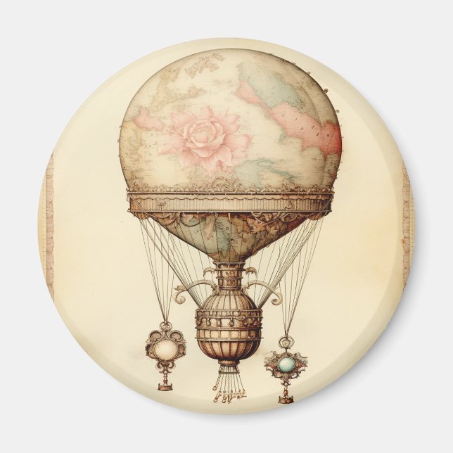 Imán Vintage Steampunk Floral Hot Air Balloon (Frente)