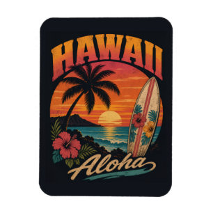 Imán Vintage Sunset Palms Surfboard Aloha Hawaiano